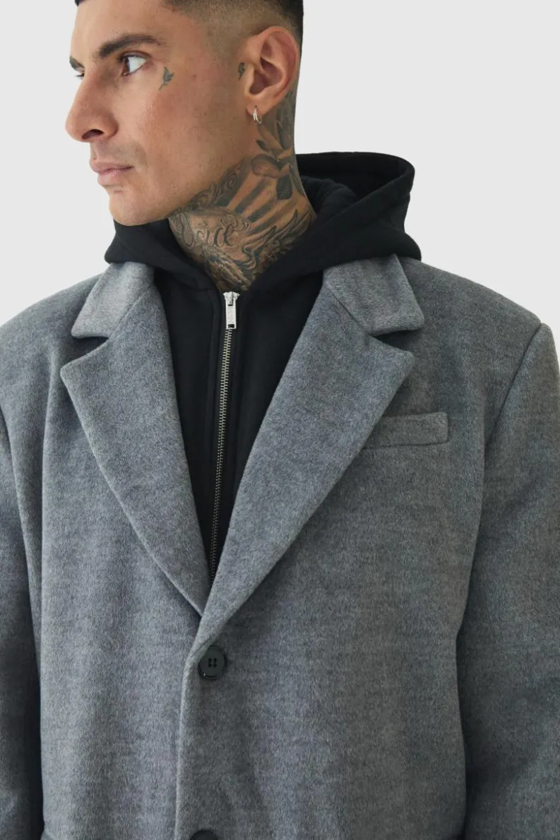 Best boohooMAN Tall Super Relaxed Hybrid Hooded Wool Overcoat charcoal