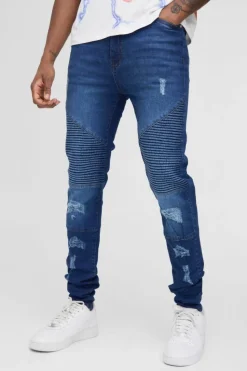 Best Sale boohooMAN Tall Super Skinny Busted Knee Biker Jeans mid blue