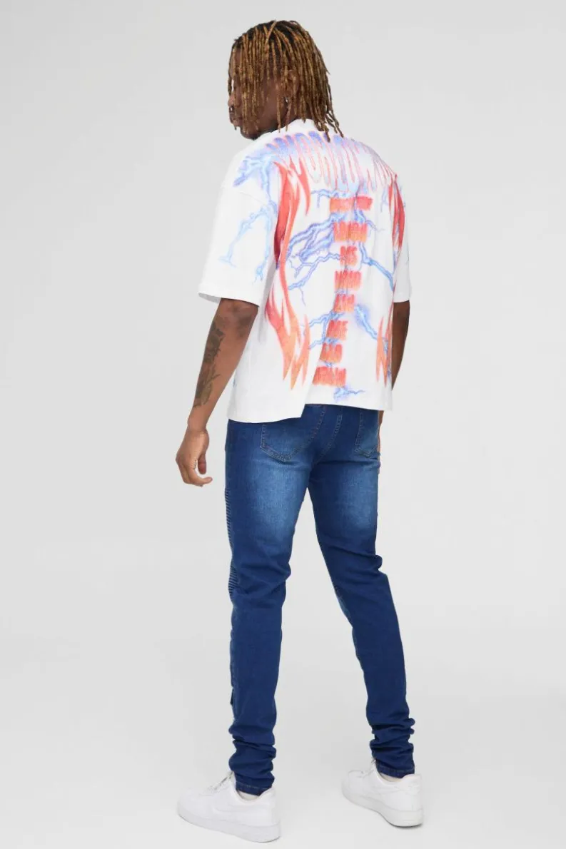 Best Sale boohooMAN Tall Super Skinny Busted Knee Biker Jeans mid blue