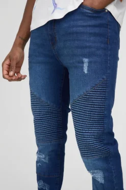 Best Sale boohooMAN Tall Super Skinny Busted Knee Biker Jeans mid blue