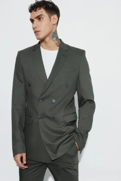 Store boohooMAN Tall Super Skinny Double Breasted Blazer khaki