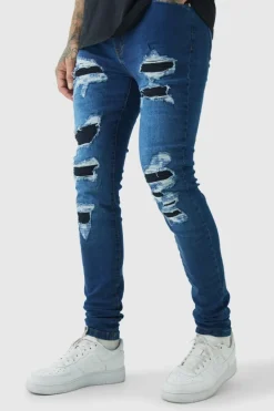 Clearance boohooMAN Tall Super Skinny Stretch Biker Rip & Repair Jeans in vintage blue