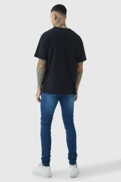 Clearance boohooMAN Tall Super Skinny Stretch Biker Rip & Repair Jeans in vintage blue