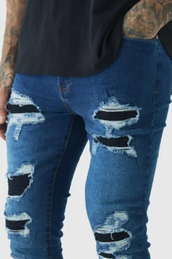 Clearance boohooMAN Tall Super Skinny Stretch Biker Rip & Repair Jeans in vintage blue