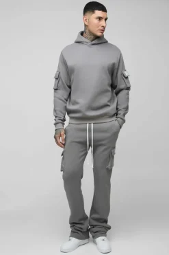 Best Sale boohooMAN Tall Super Stacked Woven Tab Cargo Hooded Tracksuit charcoal