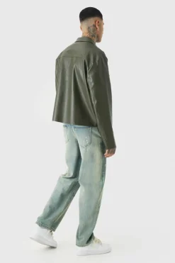 Shop boohooMAN Tall Tailored PU Harrington Jacket khaki