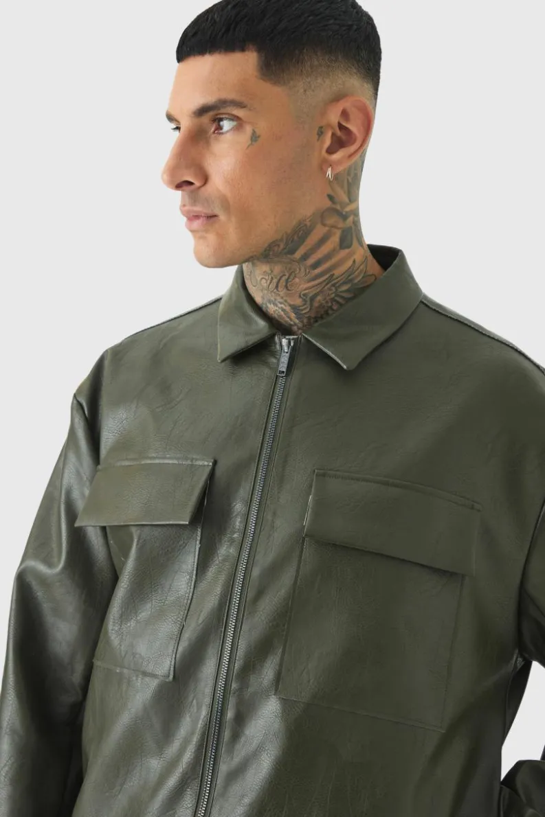 Shop boohooMAN Tall Tailored PU Harrington Jacket khaki