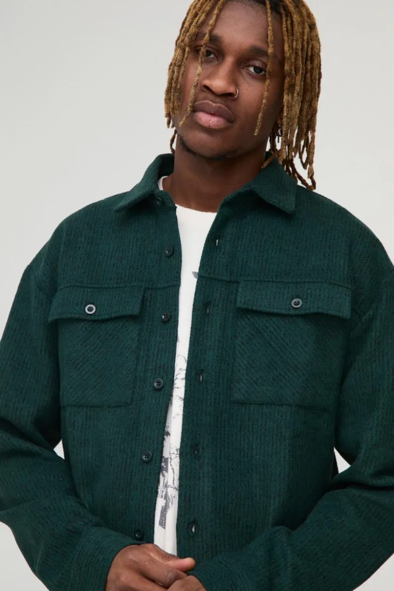 Best Sale boohooMAN Tall Textured Brushed Overshirt dark green