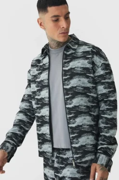 Outlet boohooMAN Tall Textured Jacquard Zip Up Overshirt black