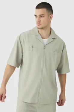 Cheap boohooMAN Tall Textured Pleated Zip Up Shirt grey