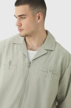 Cheap boohooMAN Tall Textured Pleated Zip Up Shirt grey