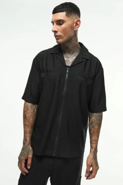 Best Sale boohooMAN Tall Textured Pleated Zip Up Shirt black