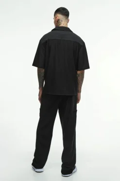Best Sale boohooMAN Tall Textured Pleated Zip Up Shirt black