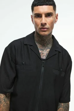 Best Sale boohooMAN Tall Textured Pleated Zip Up Shirt black