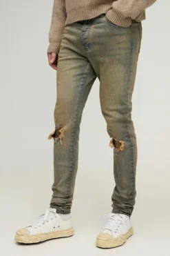 Sale boohooMAN Tall Tinted Rip Knee Stacked Skinny Zip Hem Jeans antique wash