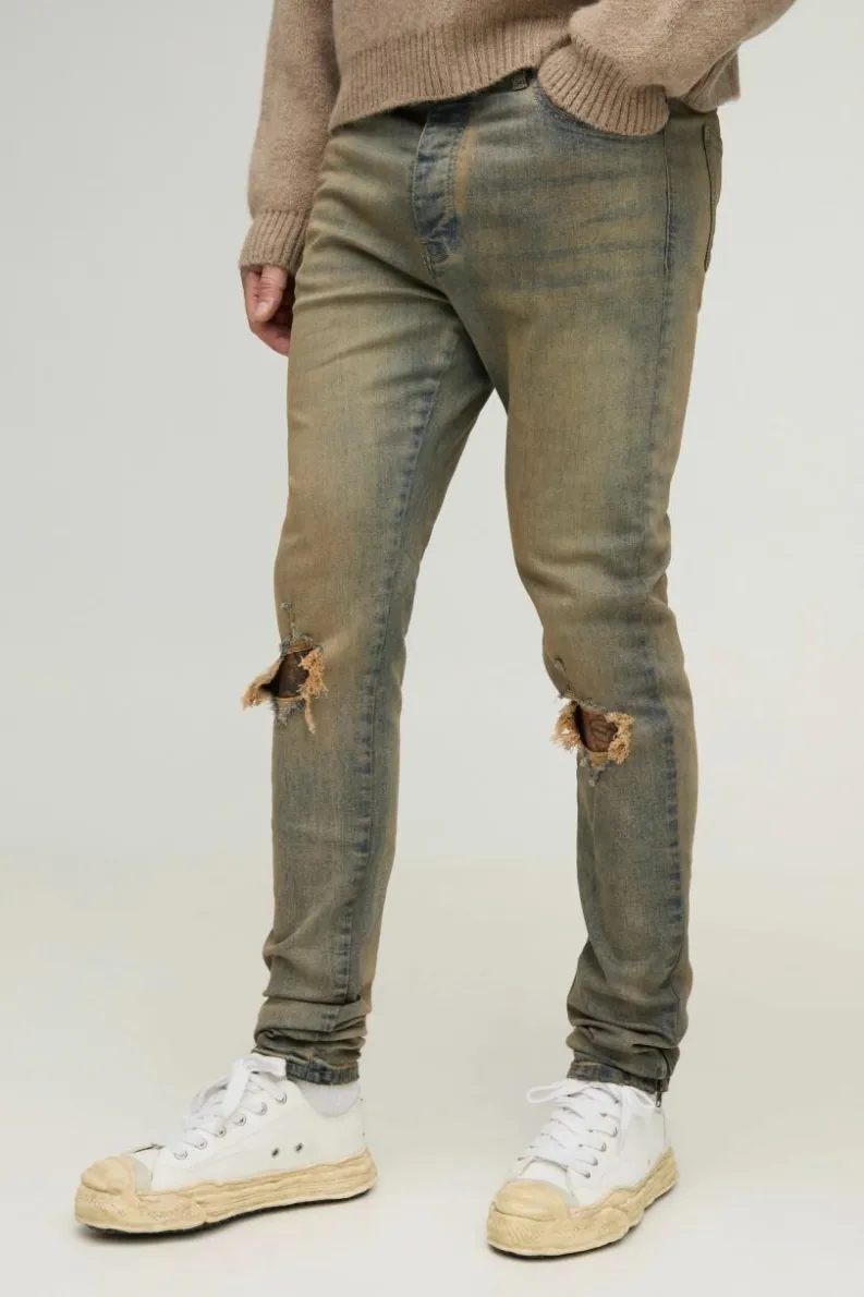 Sale boohooMAN Tall Tinted Rip Knee Stacked Skinny Zip Hem Jeans antique wash