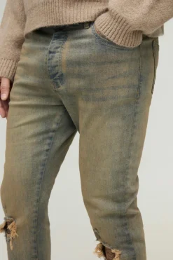 Sale boohooMAN Tall Tinted Rip Knee Stacked Skinny Zip Hem Jeans antique wash