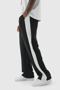 Discount boohooMAN Tall Tricot Side Panel Embroidered Relaxed Fit Trousers black