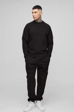 Store boohooMAN Tall Twill Utility Pocket Woven Tab Jersey Tracksuit black