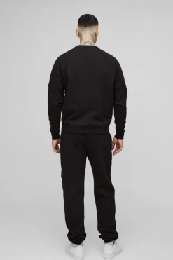 Store boohooMAN Tall Twill Utility Pocket Woven Tab Jersey Tracksuit black