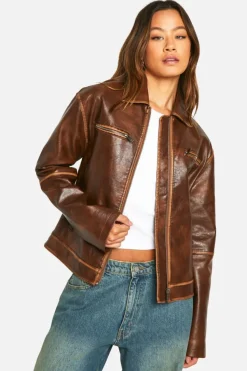 Online boohoo Tall Vintage Look Boyfriend Faux Leather Zip Jacket tan