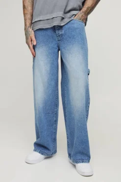 Fashion boohooMAN Tall Washed Adjustable Waist Baggy Carpenter Jeans washed blue