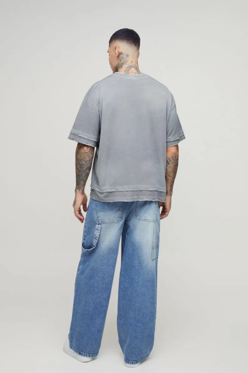 Fashion boohooMAN Tall Washed Adjustable Waist Baggy Carpenter Jeans washed blue