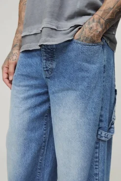 Fashion boohooMAN Tall Washed Adjustable Waist Baggy Carpenter Jeans washed blue