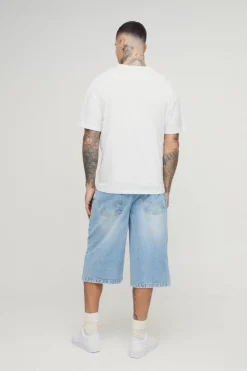 New boohooMAN Tall Washed Distressed Hem Jorts stonewash