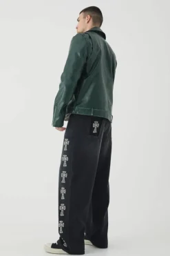 Shop boohooMAN Tall Washed Pu Biker Jacket green