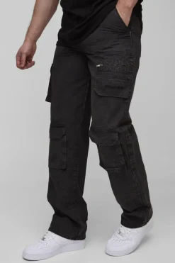 Shop boohooMAN Tall Washed Ripstop Embroidered Relaxed Fit Cargo Trousers charcoal