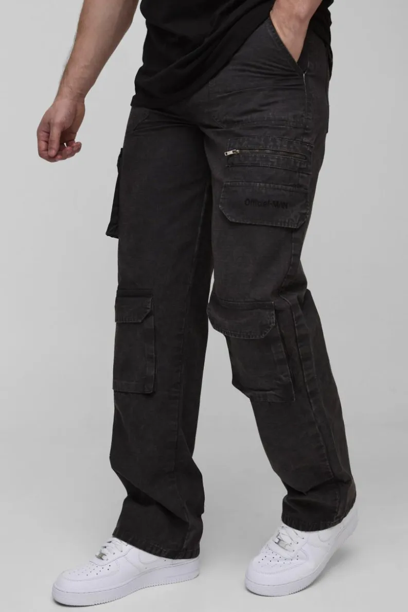 Shop boohooMAN Tall Washed Ripstop Embroidered Relaxed Fit Cargo Trousers charcoal