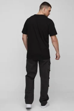 Shop boohooMAN Tall Washed Ripstop Embroidered Relaxed Fit Cargo Trousers charcoal