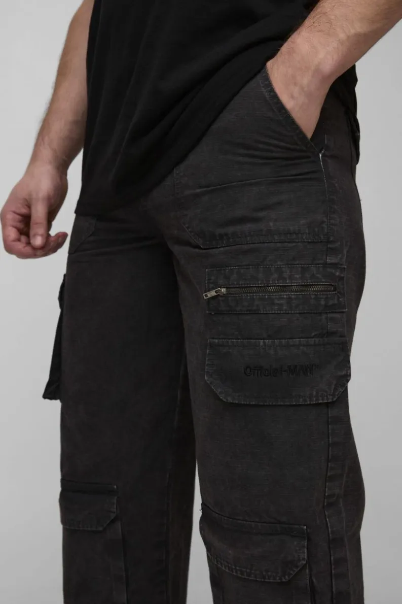 Shop boohooMAN Tall Washed Ripstop Embroidered Relaxed Fit Cargo Trousers charcoal