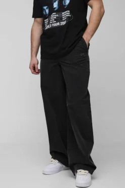 Discount boohooMAN Tall Washed Ripstop Embroidered Baggy Trousers black