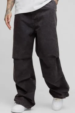 Fashion boohooMAN Tall Washed Ripstop Pleat Knee Parachute Pants charcoal