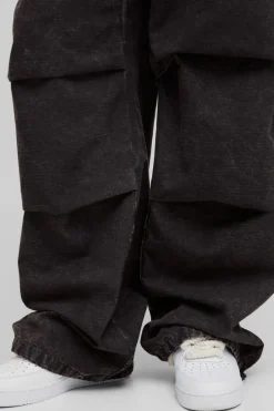 Fashion boohooMAN Tall Washed Ripstop Pleat Knee Parachute Pants charcoal