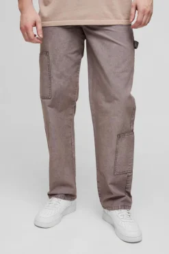 Cheap boohooMAN Tall Washed Ripstop Relaxed Fit Carpenter Trousers chocolate