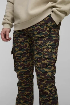 Discount boohooMAN Tall Washed Ripstop Stacked Zip Hem Camo Cargo Trousers khaki