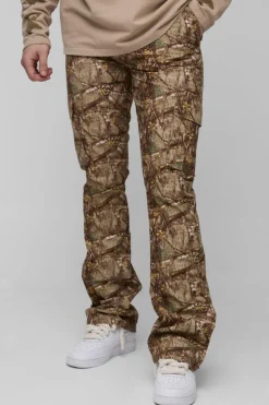 Best boohooMAN Tall Washed Ripstop Stacked Zip Hem Forest Camo Cargo Trousers khaki