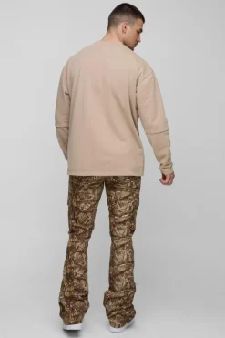 Best boohooMAN Tall Washed Ripstop Stacked Zip Hem Forest Camo Cargo Trousers khaki