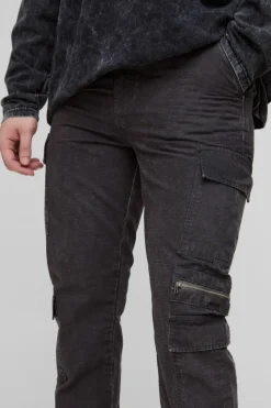 Clearance boohooMAN Tall Washed Ripstop Zip Detail Slim Fit Cargo Trousers charcoal
