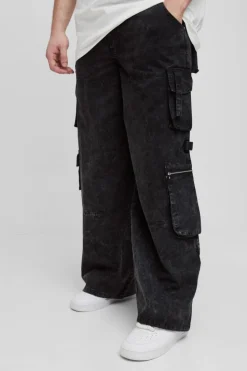 Best boohooMAN Tall Washed Twill Pleat Knee Multi Pocket Baggy Cargo Trousers black