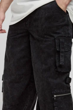 Best boohooMAN Tall Washed Twill Pleat Knee Multi Pocket Baggy Cargo Trousers black