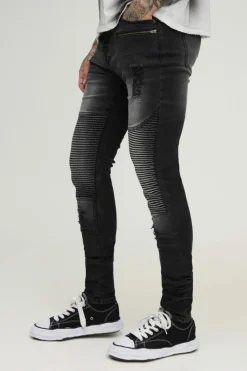 New boohooMAN Tall Washed Zip Biker Distressed Stacked Skinny Jeans washed black