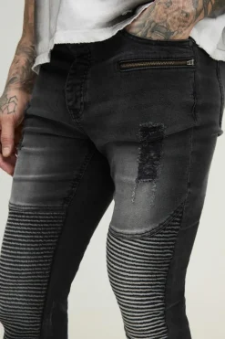 New boohooMAN Tall Washed Zip Biker Distressed Stacked Skinny Jeans washed black