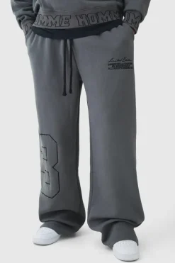 Hot boohooMAN Tall Wide Leg Homme Embroidered Varsity Joggers charcoal