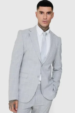 Flash Sale boohoo Tall Window Pane Check Skinny Fit Suit in light grey