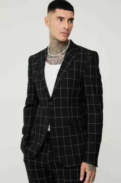 Outlet boohooMAN Tall Window Pane Check Skinny Fit Blazer black