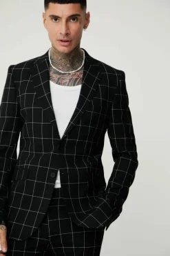 Outlet boohooMAN Tall Window Pane Check Skinny Fit Blazer black